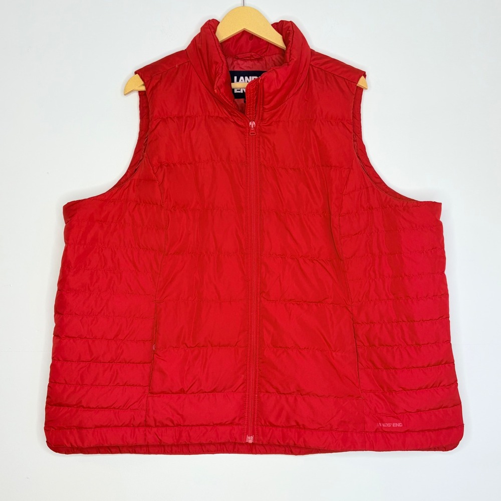 Lands End Puffer Vest Womens 2X Red Quilted Down Insulated Full Zip Outerwear